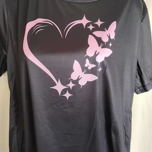 Black Tee with Pink Heart & Butterfly Graphic